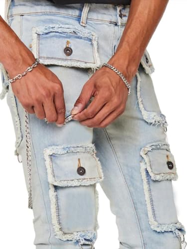 Mens Skinny Jeans Straight Leg Streetwear Multi Pockets Frayed Cargo Stacked Jeans2