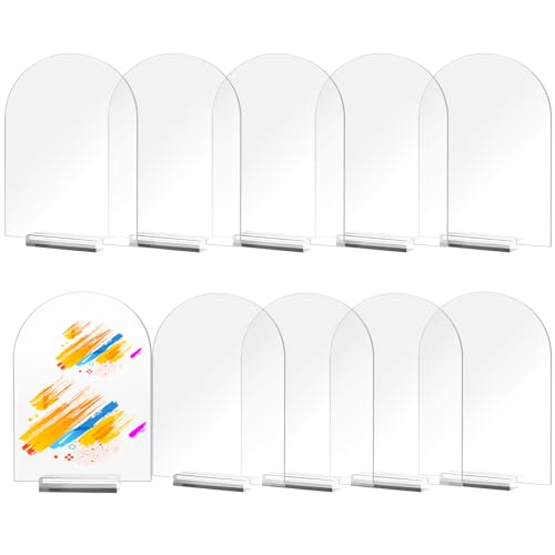 SUEOUX 10 placas acrílicas en blanco con base de cristal acrílico, números de mesa transparentes para boda, tarjetas de mesa de acrílico arqueadas, etiquetas para nombre, boda, soporte acrílico para