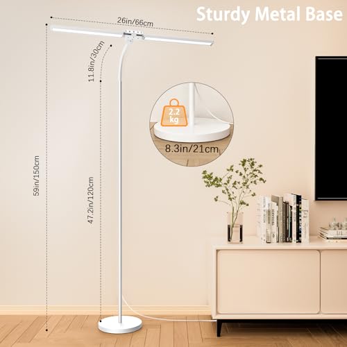 Image of SIBRILLE LED Floor Lamp, 24W Dual Head Dimmable Standing Lamp with Remote & Touch Control, Adjustable Gooseneck, 3000K-6500K Modern Reading Lamp for Living Room, Bedroom, Office & Crafts