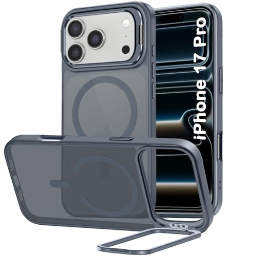 Image of TheGiftKart Hybrid Matte Frosted Back Cover Case for iPhone 17 Pro Compatible with MagSafe | Built-in Stand | Shockproof Hard Back Cover Case for iPhone 17 Pro (PC & TPU, Translucent Grey)