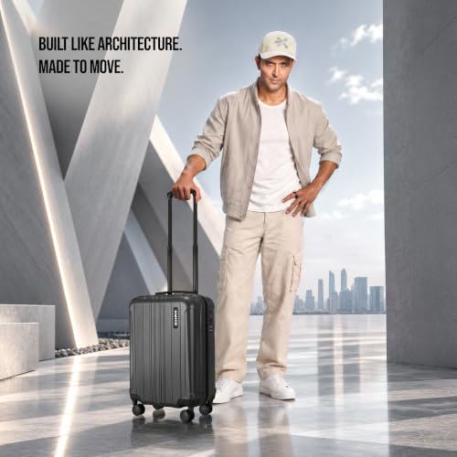 Image of HRX Force Cabin Size Charcoal Grey Polycarbonate Hard Shell Suitcase - Premium Travel Trolley Bag with 8 Spinner Wheels, Number Lock & Water Resistant Body
