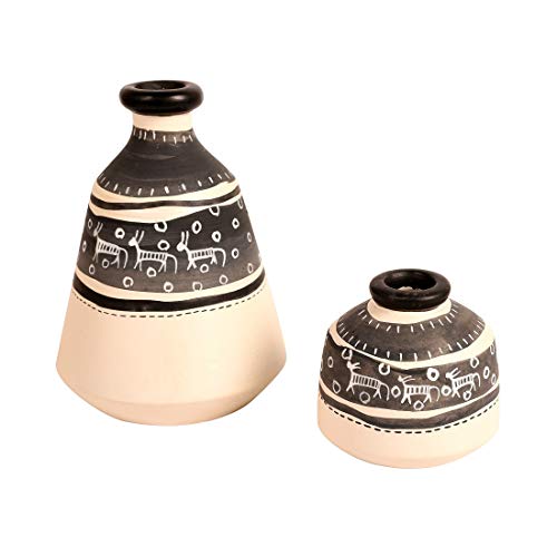 Image of AAKRITI ART CREATIONS Owl Wall Decor Shelf with 2 Pots Handcrafted in Wood | Warli Art Wooden Hanging Shelf with Vases | Matte Finish Decorative Wall Art for Living Room, Entryway & Gifting