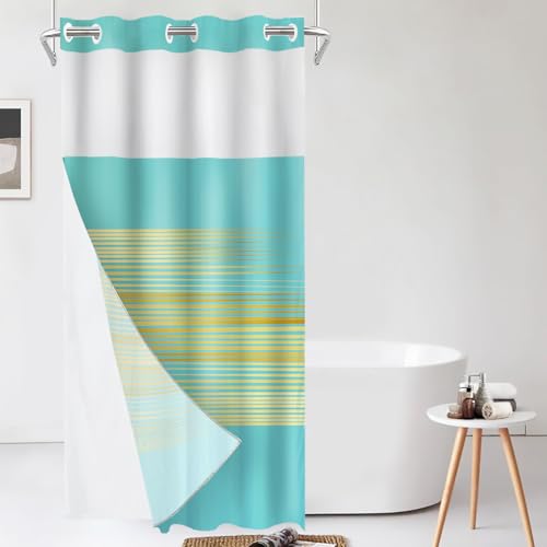 Shrahala Elegant Turquoise Shower Curtain with Snap in Liner Set, Champagne Gold Stripes No Hooks Stall Curtain Waterproof for Bathtubs Magnetic Hem 35.5 X 74 in