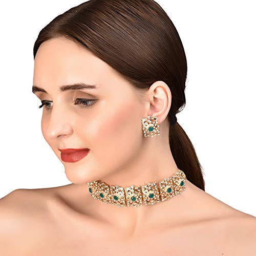 Image of Touchstone Mughal Jali Collection Gold Tone Indian Mughal Bollywood White Diamante Jewelry Choker Set for Women