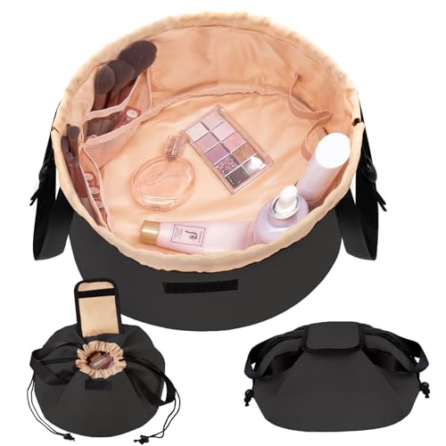 TAPMEI Drawstring Makeup Bag Large Travel Makeup Bag Portable Large Capacity Cosmetic Bag Toiletry Organizer for Travel Accessories Make Up Essentials Gifts for Women(Black)