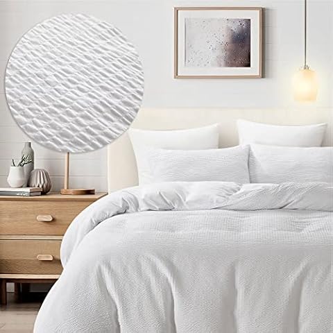 OSVINO Double Duvet Cover Set White, Reversible Seersucker Textured Bedding Set 3 Pieces Soft Easy Care Microfiber Quilt Cover Double Bed Set with Pillowcases - 200cm x 200cm Cover