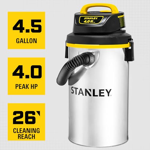 Image of STANLEY Wet Dry Vacuum,4.5 Gallon 4HP Wall Mounted Shop Vac,26 Cleaning Ranging Stainless Steel Tank,Garage / Home /Upholster /Laundry /Rooms Vacuum SL18133