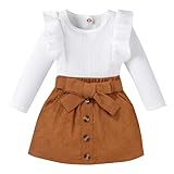 ATCTBOGFS Toddler Baby Girl Skirt Outfit Solid Color Ruffle Long Sleeve Knit Sweater Tee Tops Kids Girl Blouse + Mini Skirt Fall Winter Clothes 2PCS