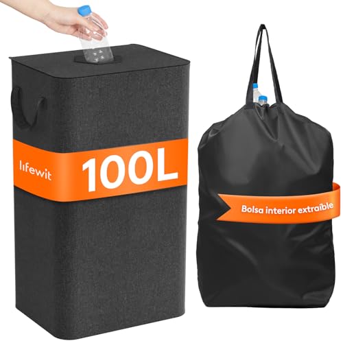 Lifewit contenedor de 100L para recogida de botellas con tapa, almacenamiento de botellas vacías y vidrio, colector de botellas con agujero, bolsa para cocina o sala de almacenamiento, Gris oscuro