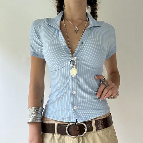 Image of Y2k Girls Vintage Coquette Button Down Shirt Women Short Sleeve V-Neck Slim Fitted T-Shirt Cute Blouse Crop Top