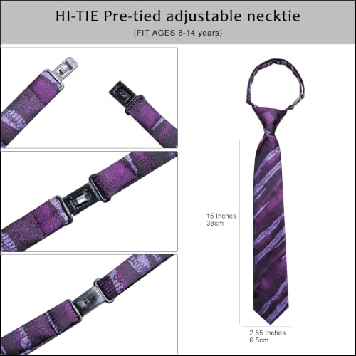 Image of Hi-Tie Boys Tie Pre-Tied Pocket Square Set Adjustable Kids Neckties Age 7-11 Years School UniForm Graduation