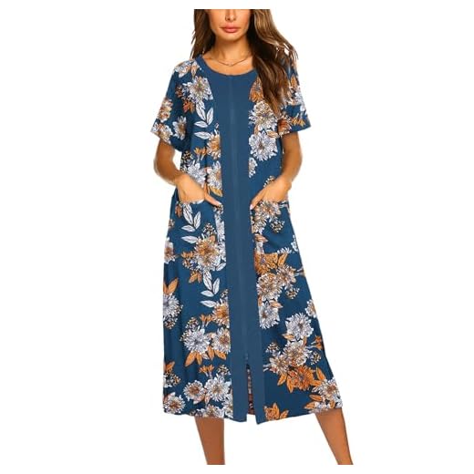 Ekouaer Zipper Robes for Women Short Sleeve House coats Printing Loungewear Zip Up Gown with Pockets