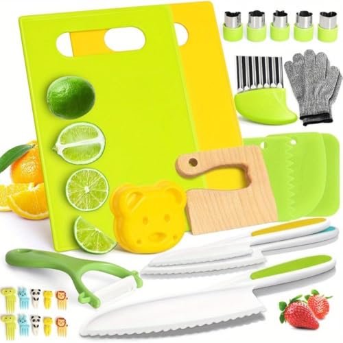 Fiozwea 子供用ナイフセット、プラスチック、手に安全、調理玩具、まな板、鋸歯状刃、野菜と果物のナイフ、環境に優しい、キッチン教育 (22)