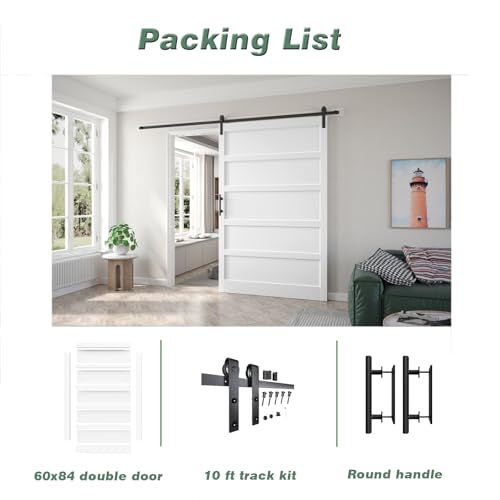 Image of Fredbeck 60x84 inch White Barn Door with 10FT Sliding Door Hardware Kit Included & Handle,MDF,Solid PVC Surface,DIY Assembly,5-Panel