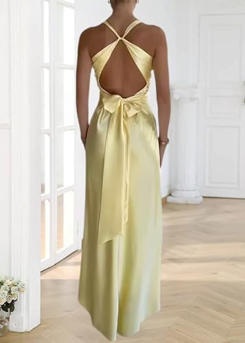 Satin Bridesmaid Dresses for Women V-Neck Halter Long Formal Evening Prom Party Gown3