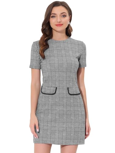 Allegra K Work Dress for Women Short Sleeve Vintage Houndstooth Above The Knee Dress