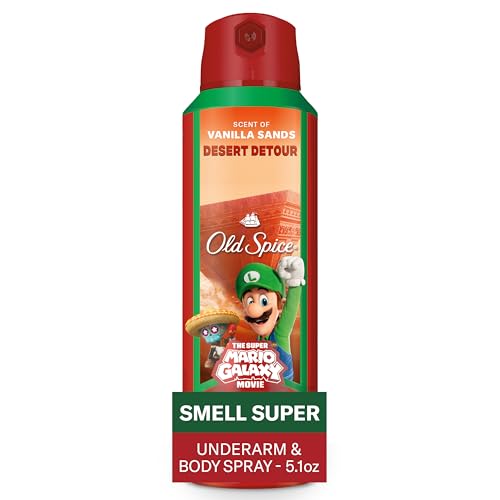 Image of Old Spice Aluminum Free Body Spray for Men, Old Spice x The Super Mario Galaxy Movie, 24 /7 Lasting Freshness, Lasting Odor Protection, Smell Super with Desert Detour, Vanilla Sands Scent, 5.1 oz