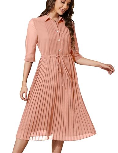 Image of Women V Neck 3 /4 Sleeve Pleated A-Line Dress with Belt Swing Midi Dresses for Spring Summer Autumn