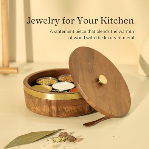Image of Brick Brown Zari Wooden Masala Box with Lid & Gold Band | 7 Steel Containers & Wooden Spoon | Spice Box Organizer /Masala Dani | Solid Wood Round Spice Storage Case for Kitchen 8.7x8.7 x3.5 Inch
