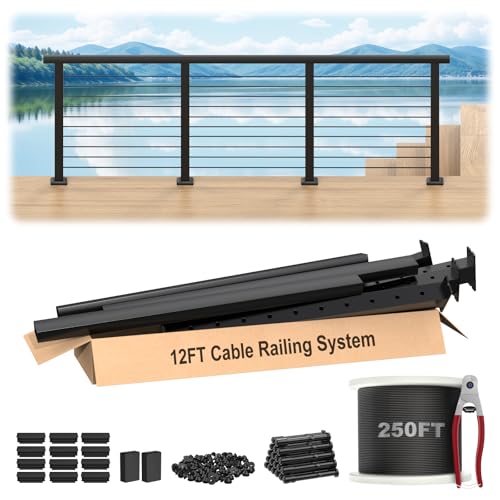 Image of 12FT-16FT Swageless Complete Set Cable Railing System with Handrails, 36 inch Black Deck Cable Railing Post Kits Includes 4Pack Level Drilled Posts, 3Pack Handrail & 250FT Wire Rope for Decks