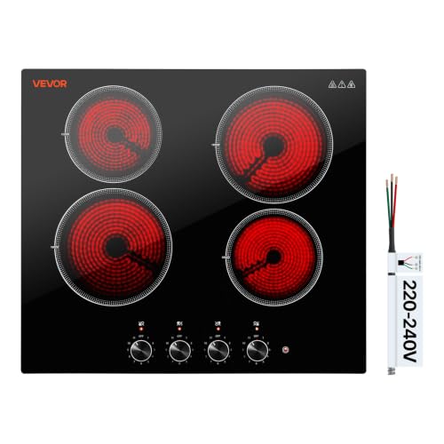 Image of VEVOR Electric Cooktop 24inch 4 Burners Stove Top 6000W 220V No Plug, Ceramic Built-in Radiant Electric Stove, with 11 Power Levels, Over-Heat Guard, Knob Control, for Diverse Cooking Requirements