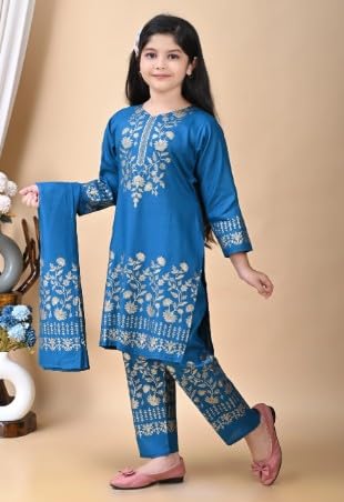 Image of Girl's Rayon Ethnic Wear Embroidered Kurta Set with Dupatta