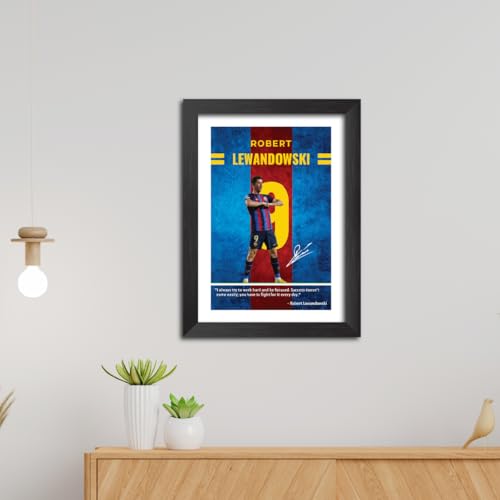 Image of TenorArts Robert Lewandowski Quotes Poster Frame Barcelona Laminated Photo Framed Painting with Matt Finish Black Textues (12 inches x 9inches)
