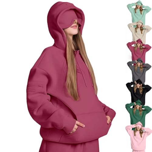 Comfort Hoodie,Airplane Mode Travel Hoodie,Hoodies with Eye Mask Built In Hidden Pockets Small Flight Blanket Hoodies Brick Red Small