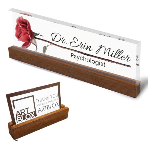 Image of Personalized Acrylic Name Plate with Red Rose Design | Custom Desk Name Block, Office Desk Sign, Wooden Stand Name Plaque Gift
