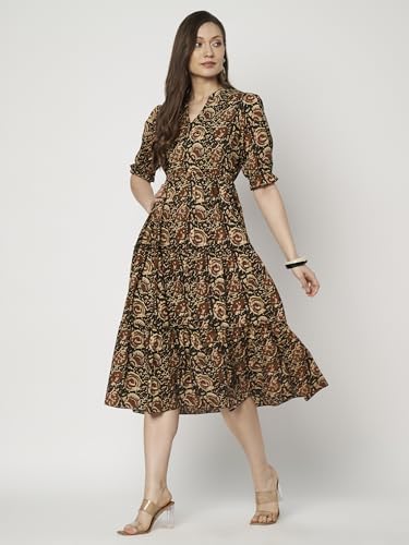 Image of Women's Floral Summer Maxi Dress I Cotton Printed I One Piece Bodycon Midi Dress with V-Neck, Puffed Sleeves