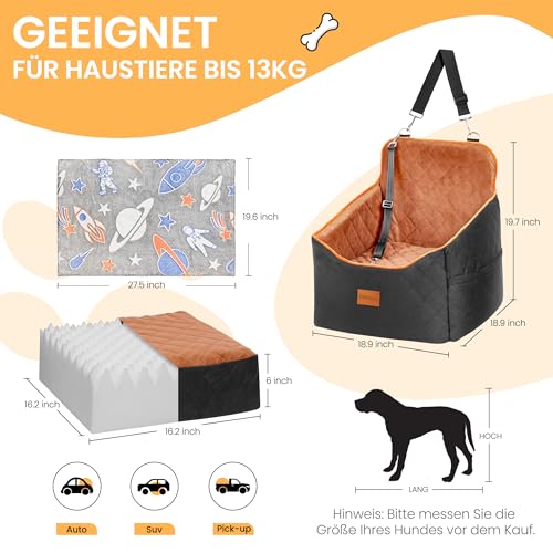 HiPetpy Hunde Autositz –Autositz mit Decke & dickem Kissen für kleine Hunde bis 14 kg/30 lb, Erhöhtes Design mit Sicherheitsleine, rutschfestes Hundebett fürs Auto mit Aufbewahrungstaschen (Braun)