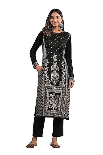 Image of ishin Women's Jacquard Style Ethnic Motifs Straight Winterwear Kurta