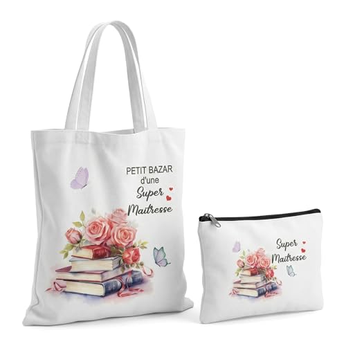 Cadeau Maitresse d'École, Idée Cadeaux Maîtresse d'École, Tote Bag Personnalisable avec Petite Pochette, Lot de 2 Sacs, Noël Merci Maîtresse d'Ecole Fin...