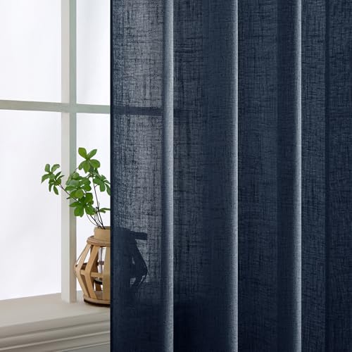 MIULEE Navy Blue Linen Curtains 90 Inch Length 2 Panels for Bedroom Living Room, Soft Thick Linen Textured Natural Window Drapes Semi Sheer Light Filtering Back Tab Rod Pocket Burlap Look Decor