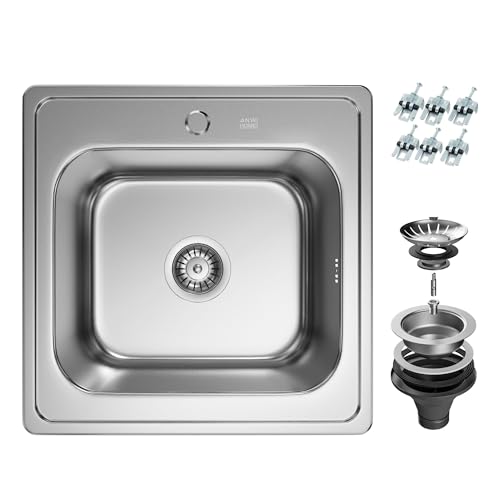 ANW HOME Évier encastrable en acier inoxydable 48x48 cm, profondeur 20 cm, finition satinée, 1 bac, set évier de cuisine avec siphon et bonde d’évacuation –...
