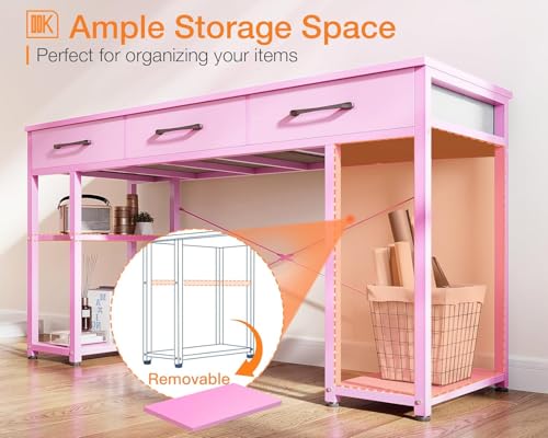 ODK Vanity Desk with Fabric Drawers & Storage Shelves, Makeup Dressing Table, Home Office Desks for Bedroom, Modern Simple Writing Desk,Pink, 48\"x16\" (No Mirror - Thumbnail 5