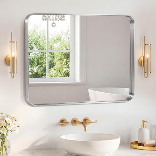 Image of Sweetcrispy Bathroom Mirror 36x32 Inch Metal Framed Rounded Rectangle Vanity Mirror for Wall, Over Sink, Farmhouse, Restroom, Anti-Rust, Modern Decorative, Horizontal or Vertical Hanging, Silver
