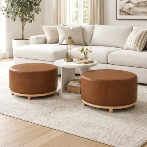 Image of HomePop 32 inch Haven Ottoman with Wood Base - Chestnut Brown Faux Leather