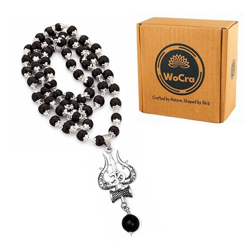 Image of Karungali Malai 8mm Certified with Divine Om Shiv Trishul Pendant Silver Plated Original | 54 Beads Authentic Black Ebony Wood Mala with German Silver Cap for Men & Women | Spiritual Protection Necklace, Lord Shiva & Murugan Blessings - 1 Piece
