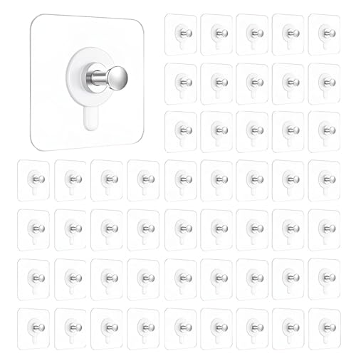Image of Eightiz 50 Pack Heavy Duty Self-Adhesive Screw Hooks as Strong Wall Hanging Solutions Without Drilling for Kitchen and Bathroom Accessories (Screw Hook Hanger, Trasparent)