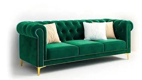 Image of Modern Classic 3 Seater Velvet Button Tufted Chesterfield Sofa for Living Room and Office (Pillows Not Included) (Green 3 Seater)