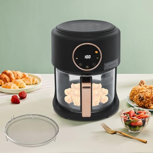 3.81QT Black Glass Air Fryer, 1200W Touchscreen, 360° Cooking View, 8 Pre-Set Functions, Healthy Borosilicate Glass Pot for Family & Restaurant Use