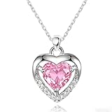 EXGOX Silver Heart Necklaces, 925 Sterling Silver Necklace for Women Crystal Heart Necklace Dainty Love Heart Necklace Adjustable Silver Chain Necklace Women Birthday Gift (Pink-Crystal Heart)