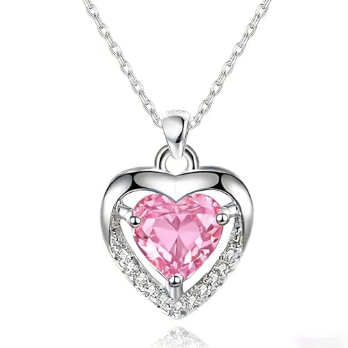 Image of EXGOX Silver Heart Necklaces, 925 Sterling Silver Necklace for Women Crystal Heart Necklace Dainty Love Heart Necklace Adjustable Silver Chain Necklace Women Birthday Gift (Pink-Crystal Heart)