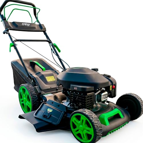 Synergy Cortacesped Metálico Autopropulsado - Motor de Gasolina 4 Tiempos 200cc. 51cm de Corte con Sistemas de Mulching con Reflector Lateral y Recogida en Saco Semi Rigido de 65 lt