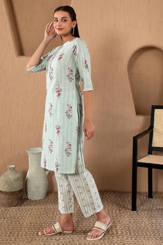 Image of W for Woman Women's Pure Cotton Floral Printed Straight Kurta and Pant with Dupatta Set