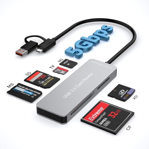 6 en 1 Lector de Tarjetas SD USB 3.0 de 5 Gbit/s para TF/SD/MS/M2/XD/CF,Lector de Tarjetas SD USB y USB C para iPhone 16/15/iPad/PC/Android, Adaptador Memory Stick Pro Duo Lettore 5 Schede Simultanee
