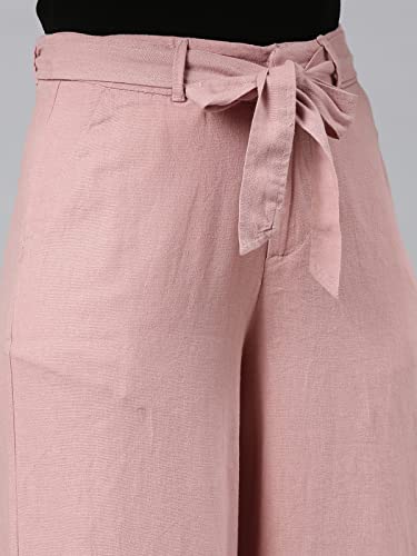 Image of GO COLORS Solid Linen Culottes for Women | High Rise, Side Pockets, Front tie-up