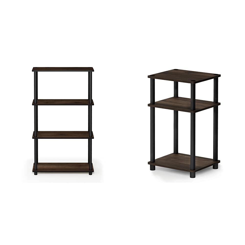 FURINNO Turn-N-Tube 4-Tier Multipurpose Shelf Display Rack, Single, Columbia Walnut/Black & Just 3-Tier End Table, 1-Pack, Columbia Walnut/Black