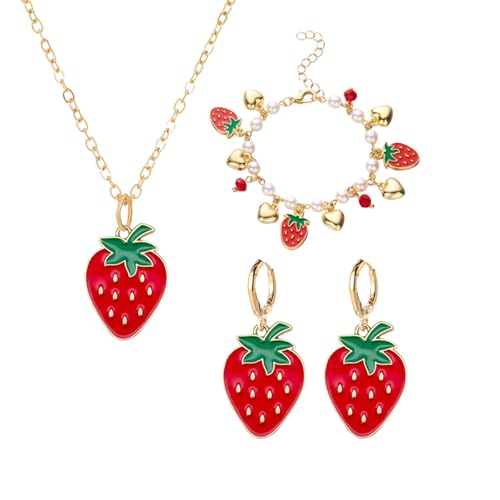 coadipress Strawberry Jewelry Set Red Strawberry Earrings Necklace Bracelet for Women Cute Lifelike Food Fruit Charm Jewelry Birthday Gifts (Red St Aly)